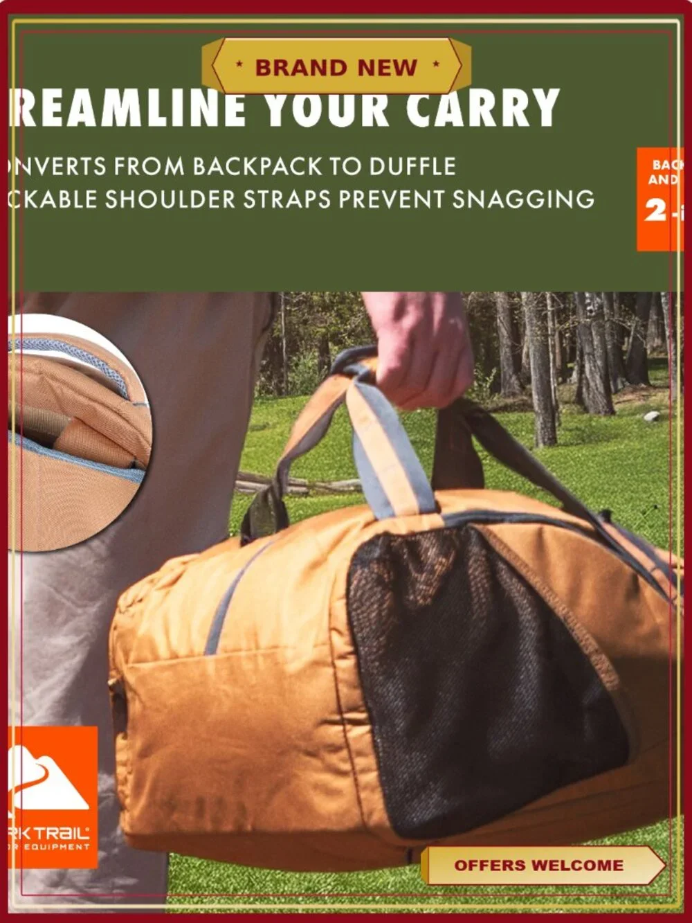 Convertible Backpack Duffel 35L Polyester Travel Gear